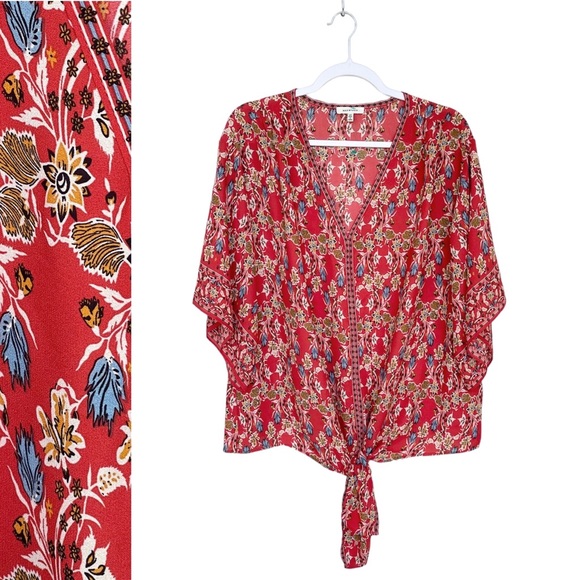 Max Studio Blouse V-Neck Front Tie Cape Sleeves Flattering Relaxed Lightweight - Picture 3 of 12